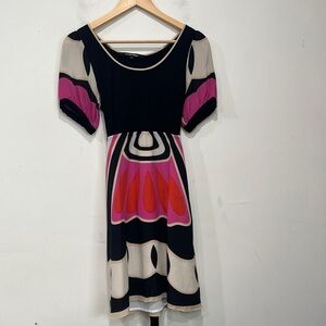 Temperley London Silk Short Sleeve Midi Dress Lined Black Cream Pink Red S